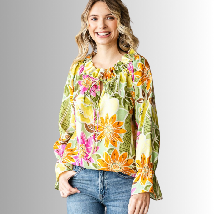 USA Made Ladies Off the Shoulder Colorful Floral Top with Ruffled Neckline & Tie Front  | Classy Cozy Cool Women's Made in America Clothing Boutique