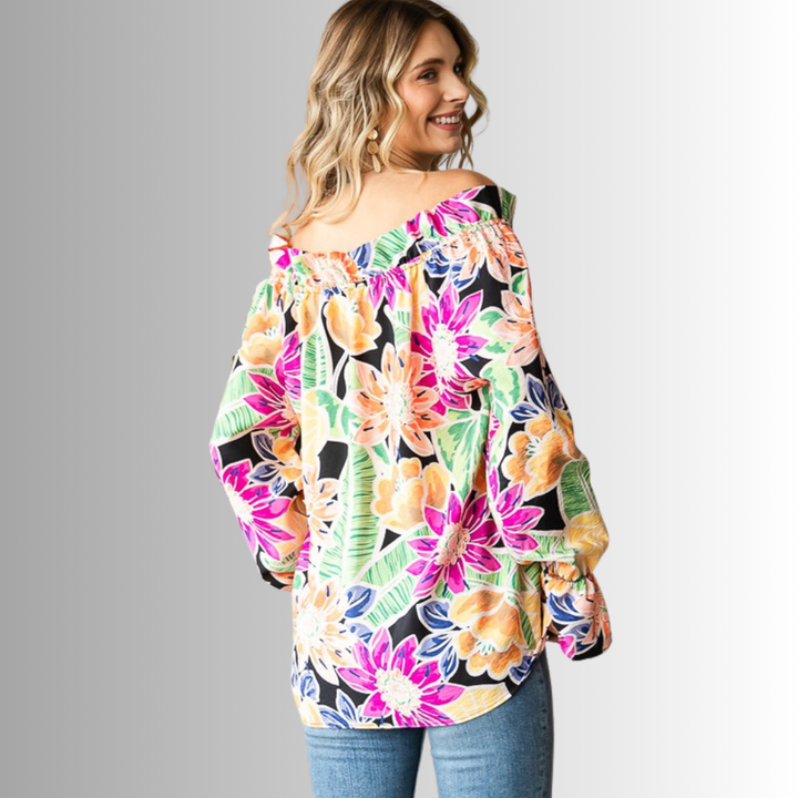 USA Made Ladies Off the Shoulder Colorful Floral Top with Ruffled Neckline & Tie Front  | Classy Cozy Cool Women's Made in America Clothing Boutique
