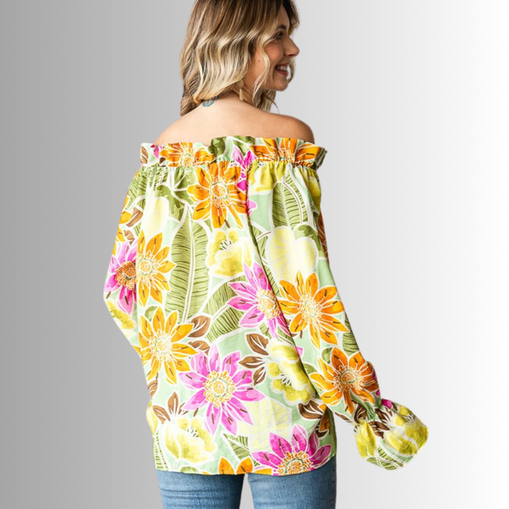 USA Made Ladies Off the Shoulder Colorful Floral Top with Ruffled Neckline & Tie Front  | Classy Cozy Cool Women's Made in America Clothing Boutique