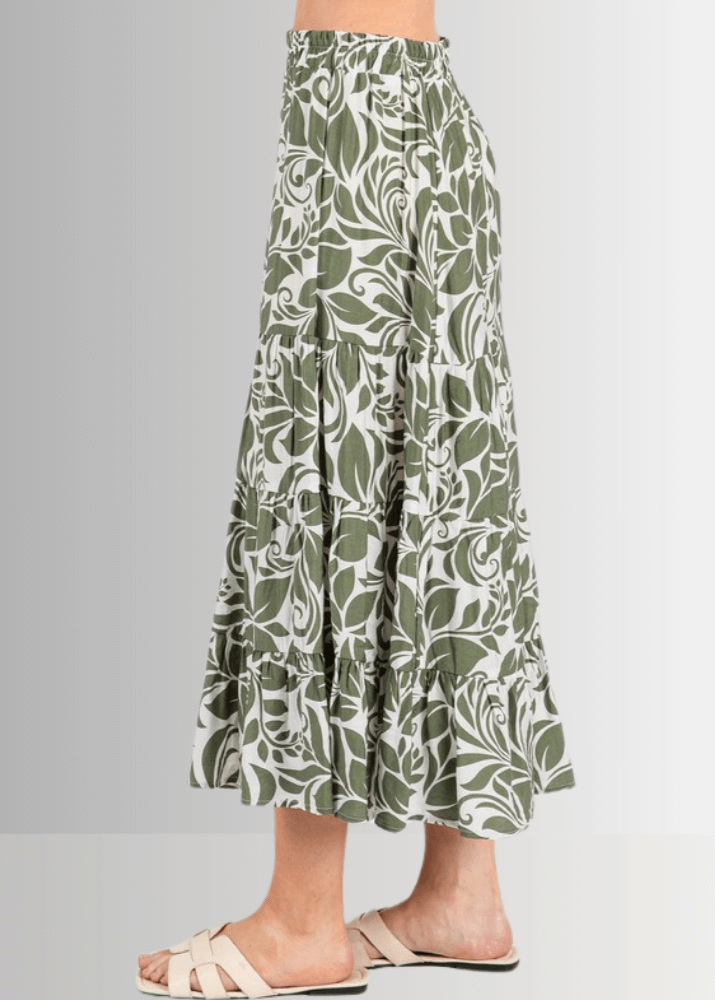 Made in USA Women's Bora Bora Rayon Challis Tropical Print Olive and Off White Flowy Midi Skirt | Classy Cozy Cool Made in America Boutique
