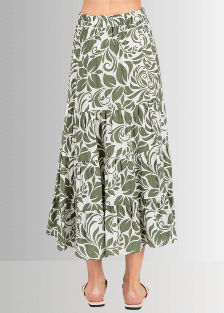Made in USA Women's Bora Bora Rayon Challis Tropical Print Olive and Off White Flowy Midi Skirt | Classy Cozy Cool Made in America Boutique