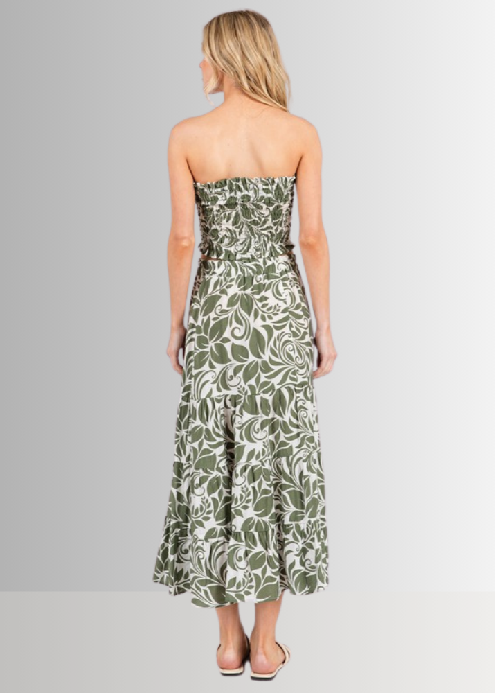Made in USA Women's Bora Bora Rayon Challis Tropical Print Olive and Off White Flowy Midi Skirt | Classy Cozy Cool Made in America Boutique