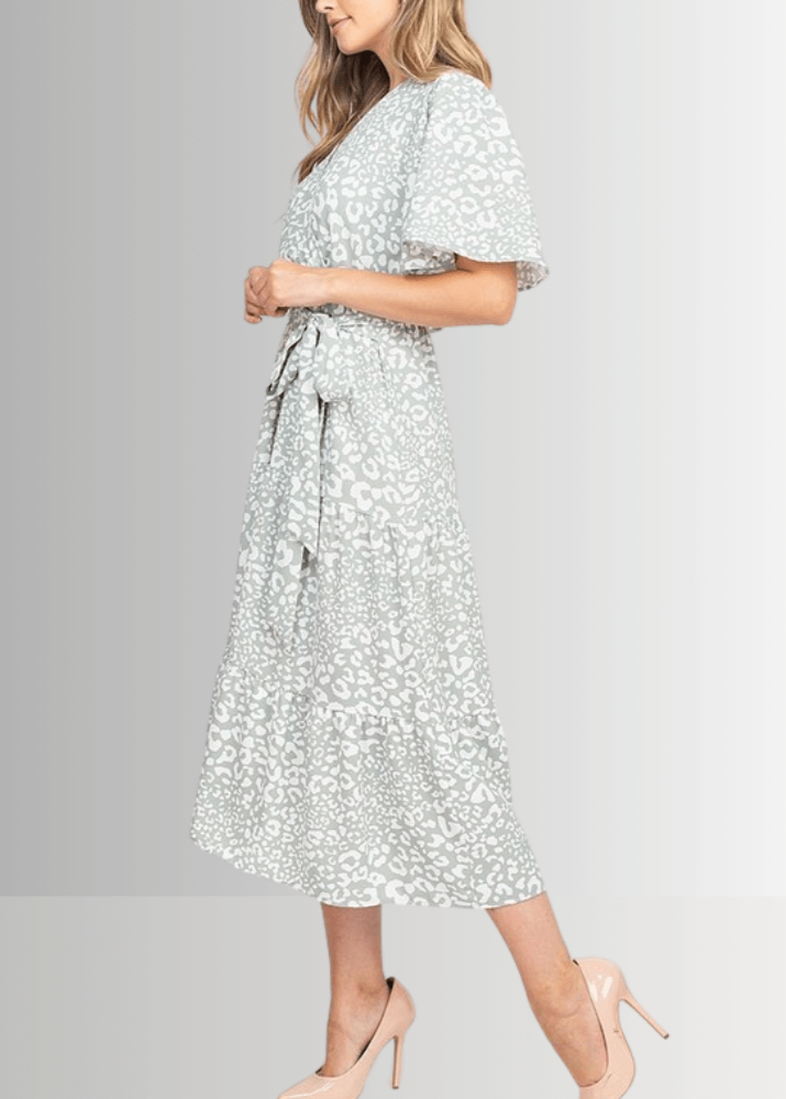 Made in USA Women's Light Sage Animal Print Surplice V-Neck Midi Dress with Short Flutter Sleeves and Elastic Tie Waist | Classy Cozy Cool Made in America Boutique