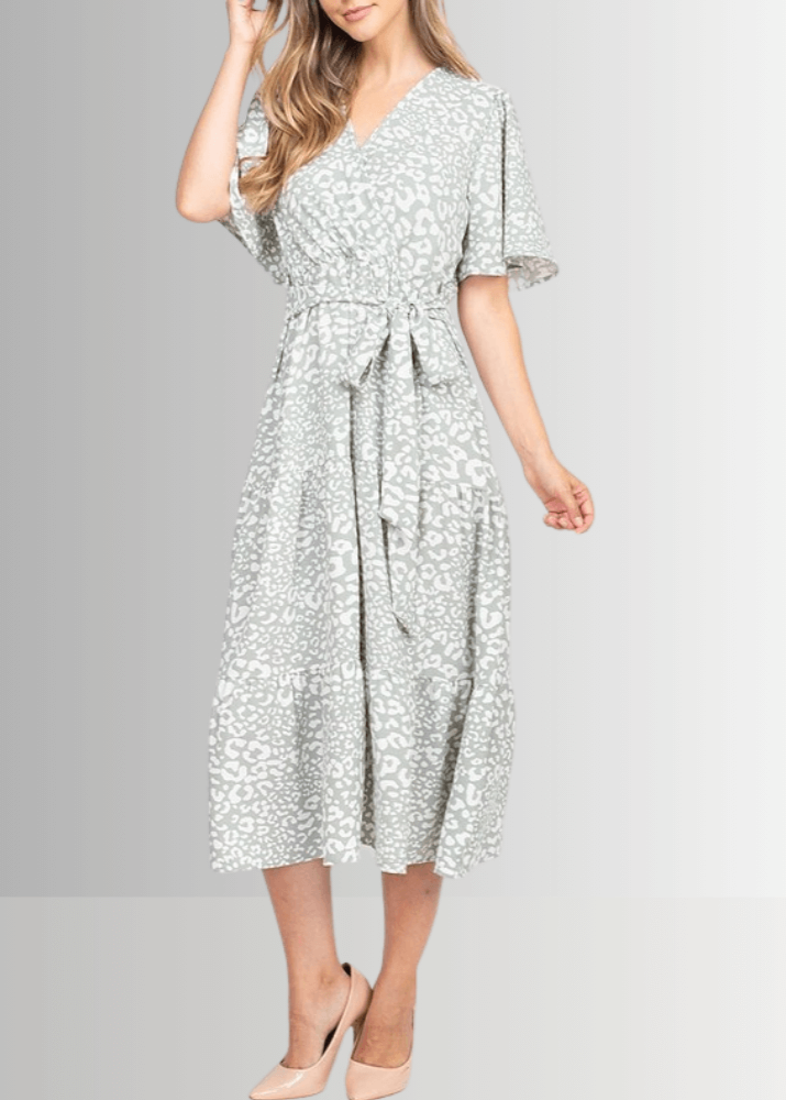 Made in USA Women's Light Sage Animal Print Surplice V-Neck Midi Dress with Short Flutter Sleeves and Elastic Tie Waist | Classy Cozy Cool Made in America Boutique