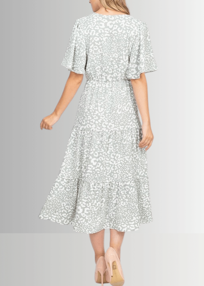Made in USA Women's Light Sage Animal Print Surplice V-Neck Midi Dress with Short Flutter Sleeves and Elastic Tie Waist | Classy Cozy Cool Made in America Boutique