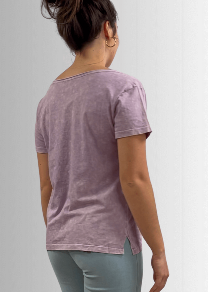Made in USA, Jessie Tee, Women's Relaxed Fit Cotton Mineral Washed Pocket T-Shirt in Lavender with Wide Round Neckline | Classy Cozy Cool Made in America Boutique