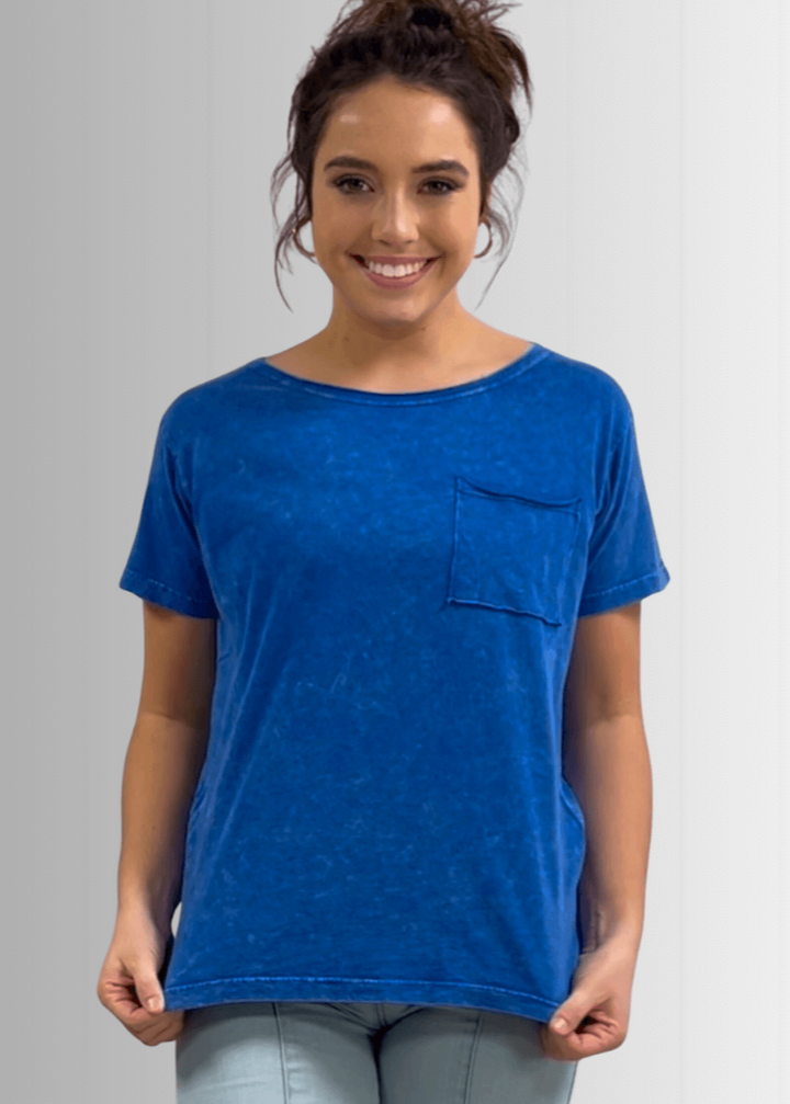 Made in USA, Jessie Tee, Women's Relaxed Fit Cotton Mineral Washed Pocket T-Shirt in Royal Blue with Wide Round Neckline | Classy Cozy Cool Made in America Boutique