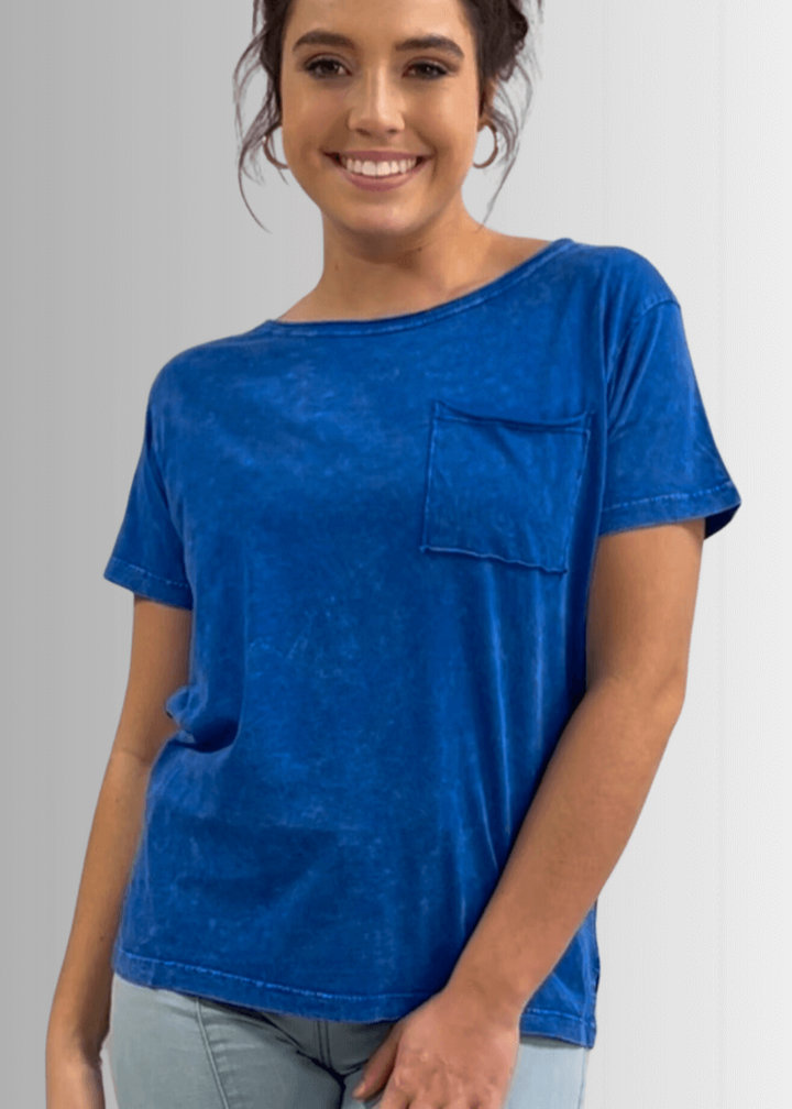 Made in USA, Jessie Tee, Women's Relaxed Fit Cotton Mineral Washed Pocket T-Shirt in Royal Blue with Wide Round Neckline | Classy Cozy Cool Made in America Boutique