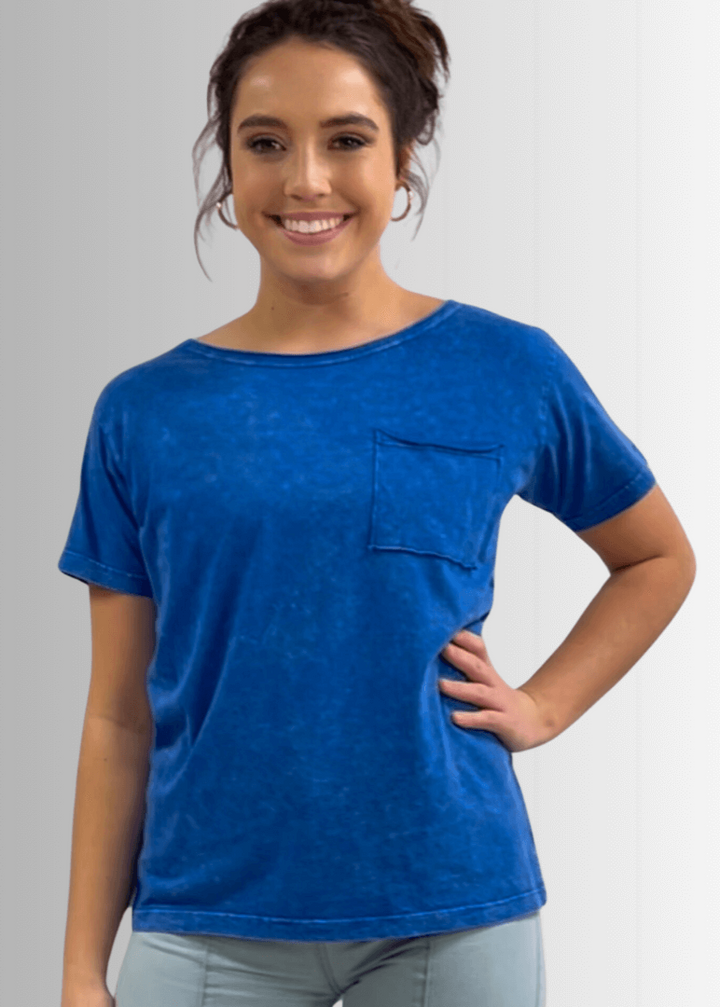 Made in USA, Jessie Tee, Women's Relaxed Fit Cotton Mineral Washed Pocket T-Shirt in Royal Blue with Wide Round Neckline | Classy Cozy Cool Made in America Boutique
