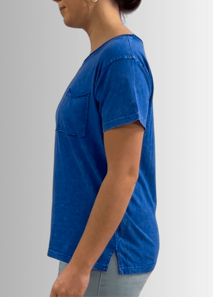 Made in USA, Jessie Tee, Women's Relaxed Fit Cotton Mineral Washed Pocket T-Shirt in Royal Blue with Wide Round Neckline | Classy Cozy Cool Made in America Boutique