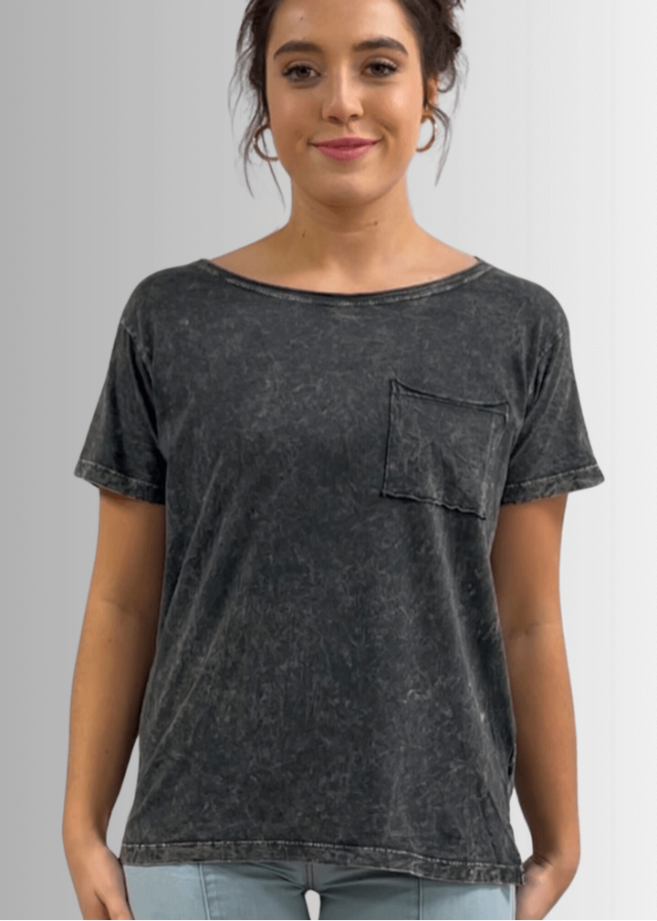 Made in USA, Jessie Tee, Women's Relaxed Fit Cotton Mineral Washed Pocket T-Shirt in Charcoal Black with Wide Round Neckline | Classy Cozy Cool Made in America Boutique