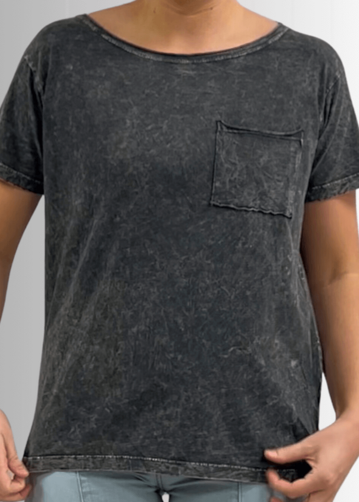 Made in USA, Jessie Tee, Women's Relaxed Fit Cotton Mineral Washed Pocket T-Shirt in Charcoal Black with Wide Round Neckline | Classy Cozy Cool Made in America Boutique