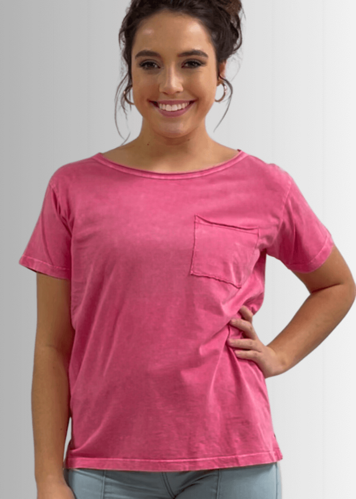 Made in USA, Jessie Tee, Women's Relaxed Fit Cotton Mineral Washed Pocket T-Shirt in Fuchsia with Wide Round Neckline | Classy Cozy Cool Made in America Boutique