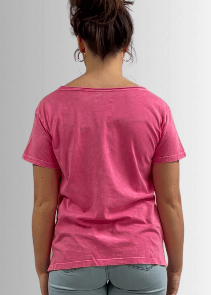 Made in USA, Jessie Tee, Women's Relaxed Fit Cotton Mineral Washed Pocket T-Shirt in Fuchsia with Wide Round Neckline | Classy Cozy Cool Made in America Boutique