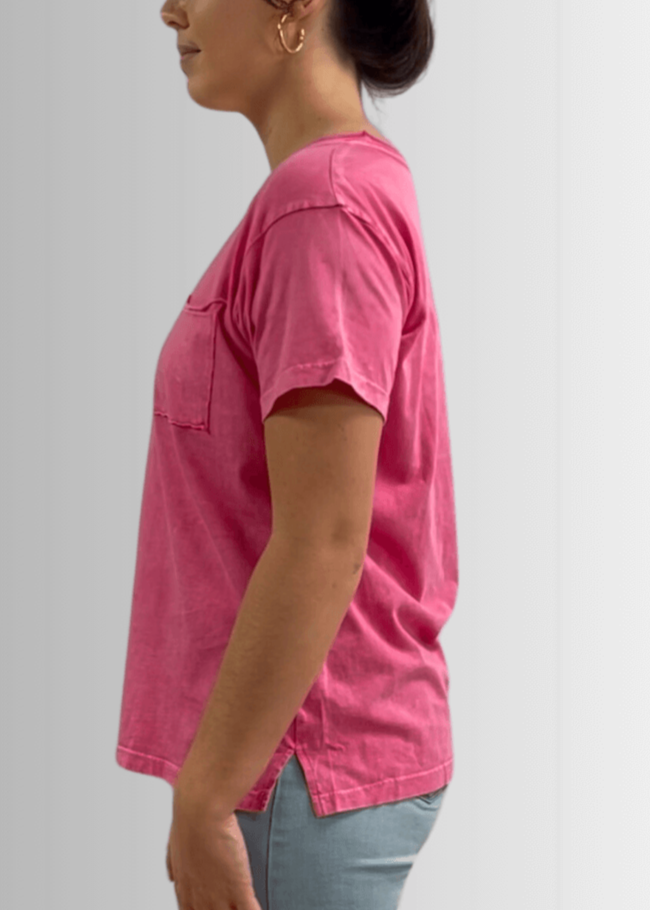 Made in USA, Jessie Tee, Women's Relaxed Fit Cotton Mineral Washed Pocket T-Shirt in Fuchsia with Wide Round Neckline | Classy Cozy Cool Made in America Boutique