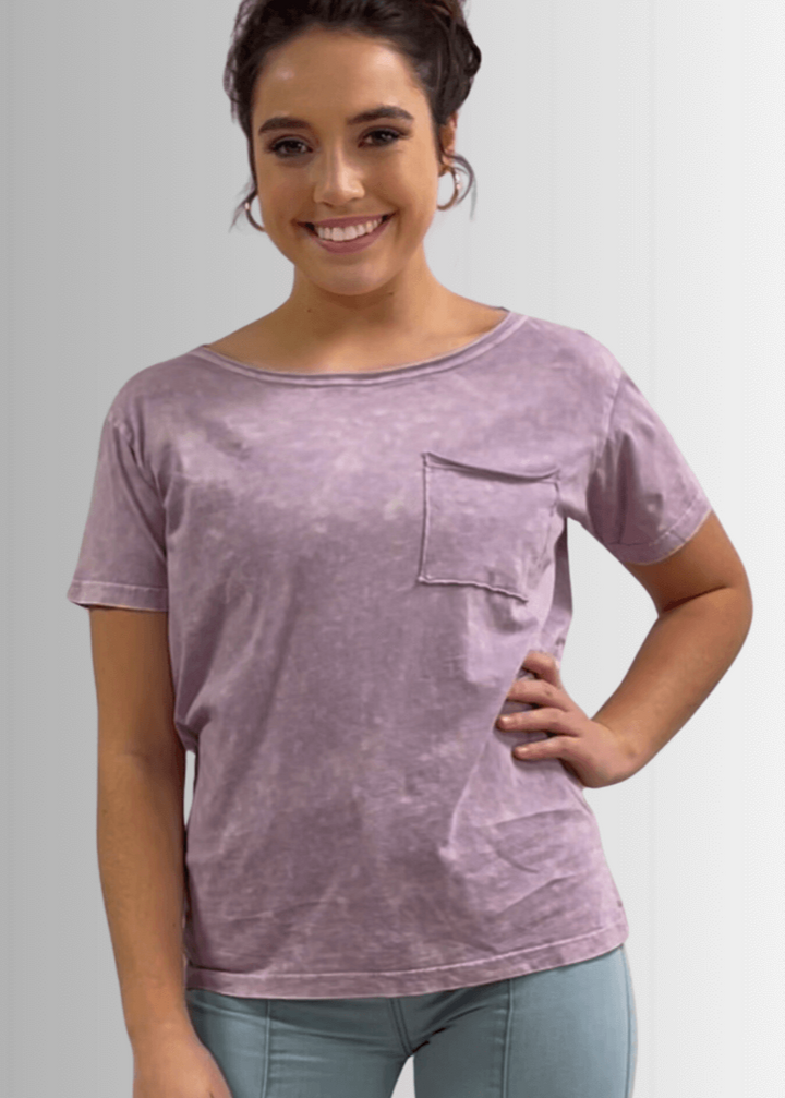 Made in USA, Jessie Tee, Women's Relaxed Fit Cotton Mineral Washed Pocket T-Shirt in Lavender with Wide Round Neckline | Classy Cozy Cool Made in America Boutique