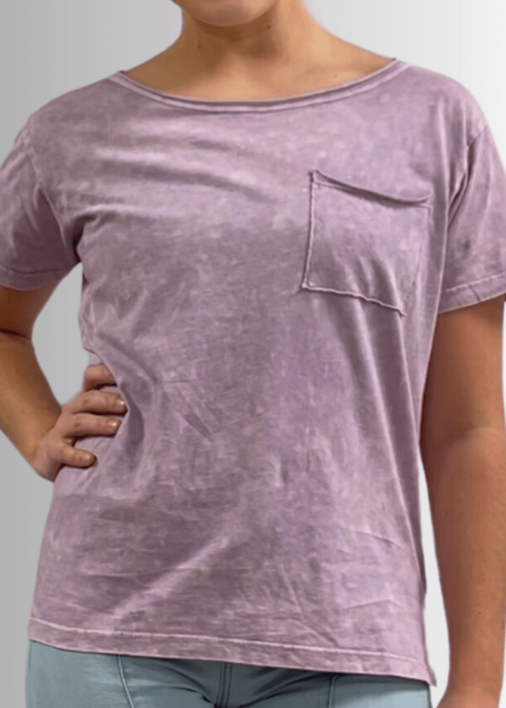 Made in USA, Jessie Tee, Women's Relaxed Fit Cotton Mineral Washed Pocket T-Shirt in Lavender with Wide Round Neckline | Classy Cozy Cool Made in America Boutique