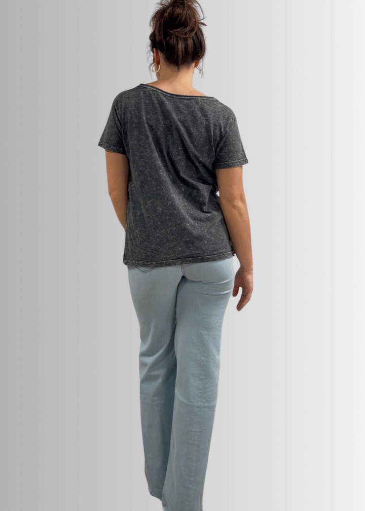 Made in USA, Jessie Tee, Women's Relaxed Fit Cotton Mineral Washed Pocket T-Shirt in Charcoal Black with Wide Round Neckline | Classy Cozy Cool Made in America Boutique