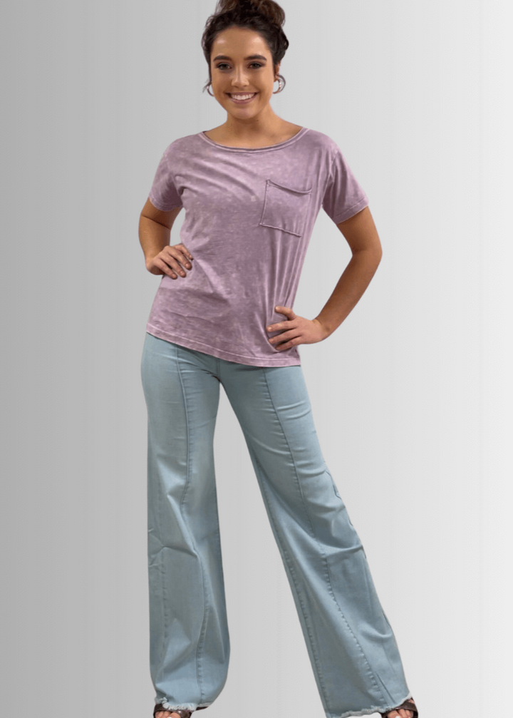 Made in USA, Jessie Tee, Women's Relaxed Fit Cotton Mineral Washed Pocket T-Shirt in Lavender with Wide Round Neckline | Classy Cozy Cool Made in America Boutique