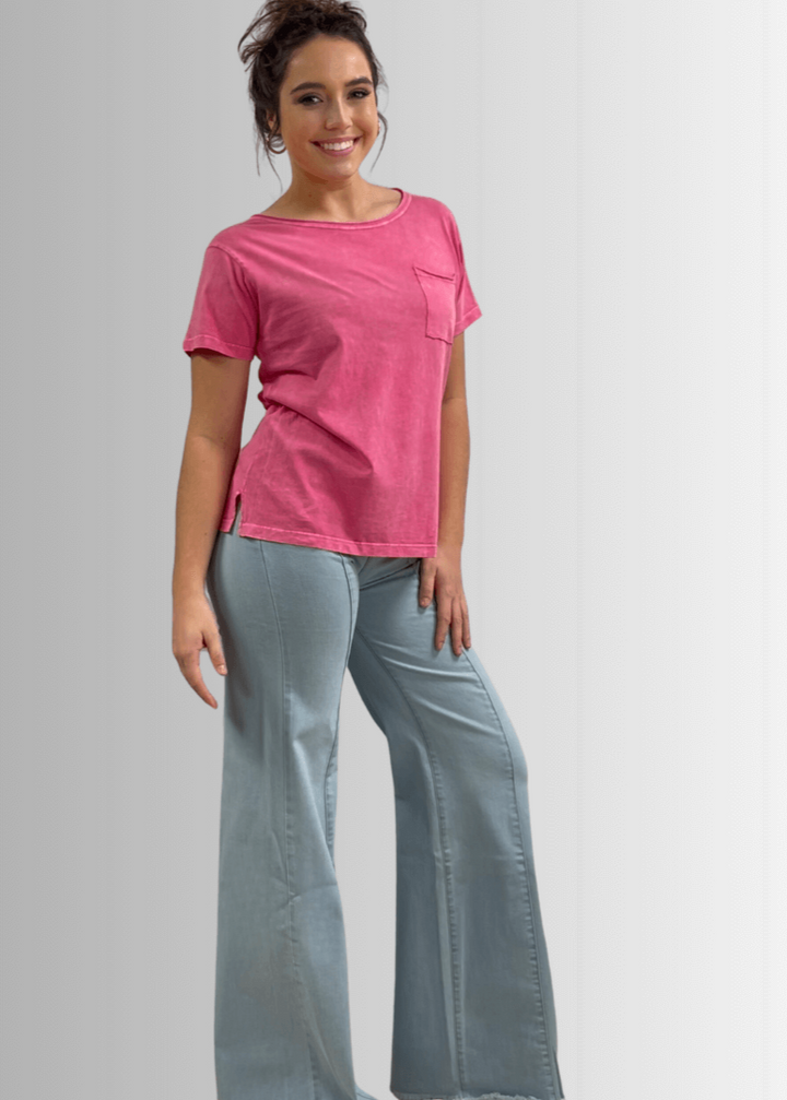 Made in USA, Jessie Tee, Women's Relaxed Fit Cotton Mineral Washed Pocket T-Shirt in Fuchsia with Wide Round Neckline | Classy Cozy Cool Made in America Boutique