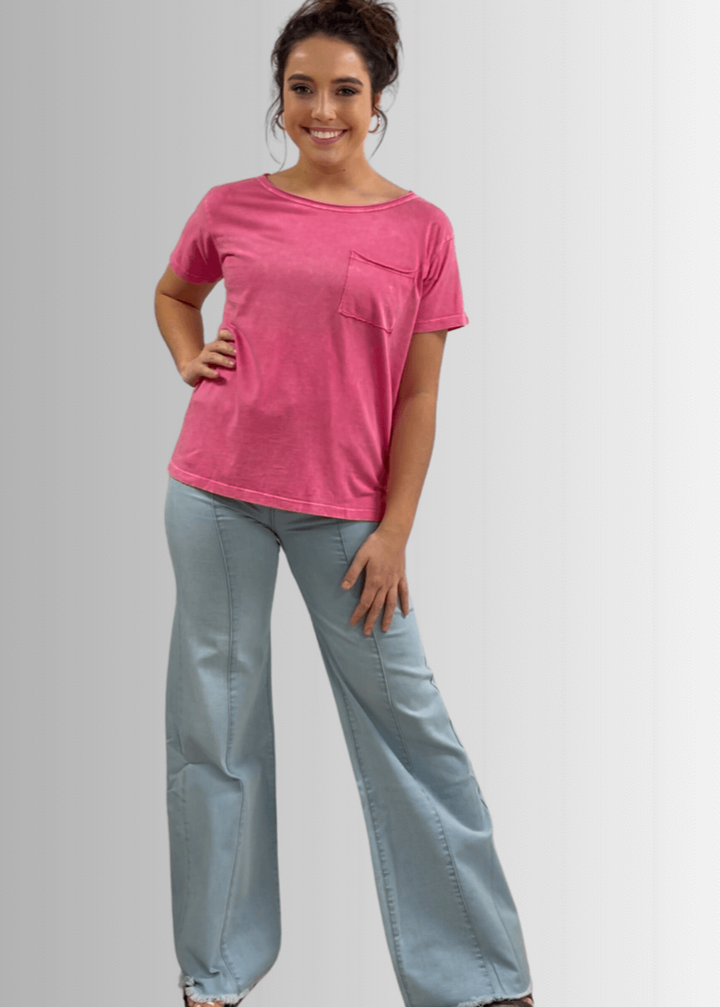 Made in USA, Jessie Tee, Women's Relaxed Fit Cotton Mineral Washed Pocket T-Shirt in Fuchsia with Wide Round Neckline | Classy Cozy Cool Made in America Boutique