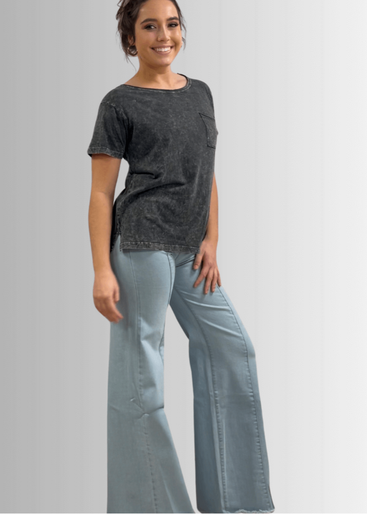 Made in USA, Jessie Tee, Women's Relaxed Fit Cotton Mineral Washed Pocket T-Shirt in Charcoal Black with Wide Round Neckline | Classy Cozy Cool Made in America Boutique