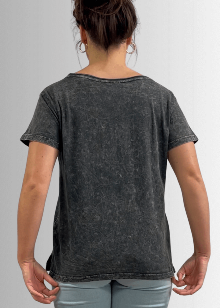 Made in USA, Jessie Tee, Women's Relaxed Fit Cotton Mineral Washed Pocket T-Shirt in Charcoal Black with Wide Round Neckline | Classy Cozy Cool Made in America Boutique