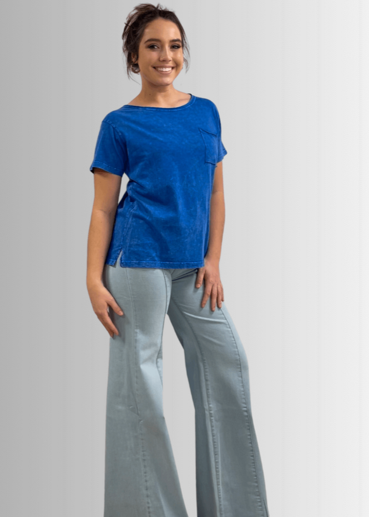 Made in USA, Jessie Tee, Women's Relaxed Fit Cotton Mineral Washed Pocket T-Shirt in Royal Blue with Wide Round Neckline | Classy Cozy Cool Made in America Boutique