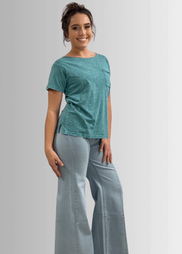 Made in USA, Jessie Tee, Women's Relaxed Fit Cotton Mineral Washed Pocket T-Shirt in Teal with Wide Round Neckline | Classy Cozy Cool Made in America Boutique