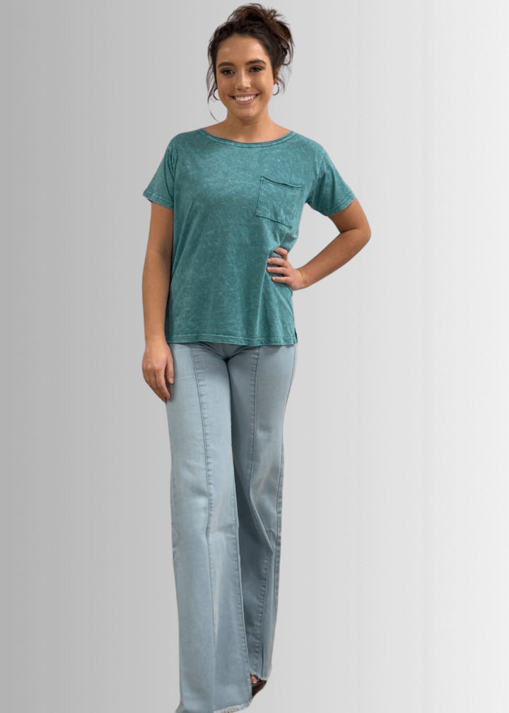 Made in USA, Jessie Tee, Women's Relaxed Fit Cotton Mineral Washed Pocket T-Shirt in Teal with Wide Round Neckline | Classy Cozy Cool Made in America Boutique