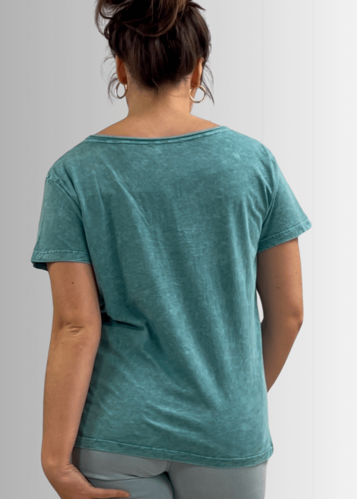 Made in USA, Jessie Tee, Women's Relaxed Fit Cotton Mineral Washed Pocket T-Shirt in Teal with Wide Round Neckline | Classy Cozy Cool Made in America Boutique