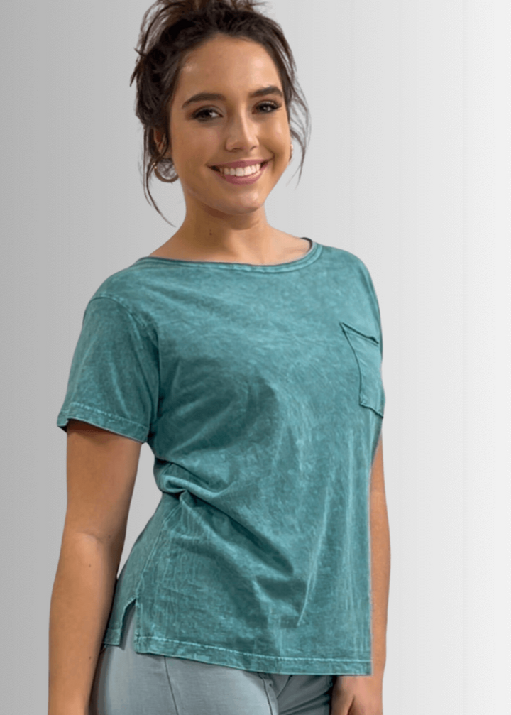 Made in USA, Jessie Tee, Women's Relaxed Fit Cotton Mineral Washed Pocket T-Shirt in Teal with Wide Round Neckline | Classy Cozy Cool Made in America Boutique