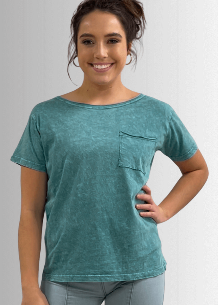 Made in USA, Jessie Tee, Women's Relaxed Fit Cotton Mineral Washed Pocket T-Shirt in Teal with Wide Round Neckline | Classy Cozy Cool Made in America Boutique