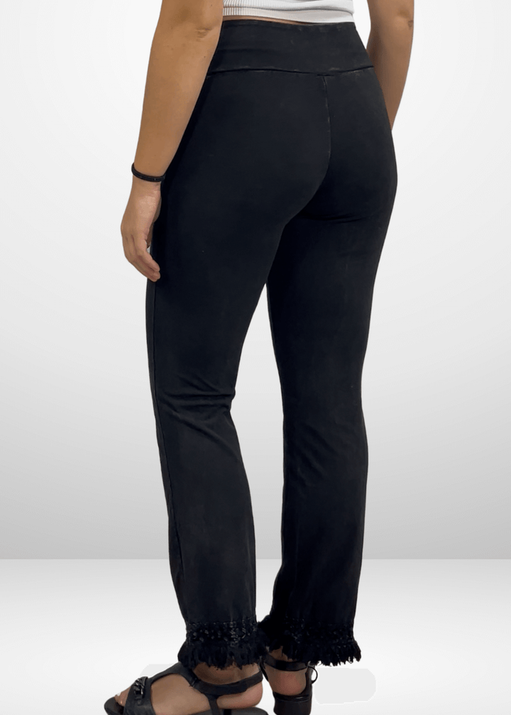 USA Made Women's Misses Mineral Washed Cotton Cropped Straight Leg Pants Jeggings with Crochet Fringed Hem  | P30374 | Classy Cozy Cool Made in USA Boutique