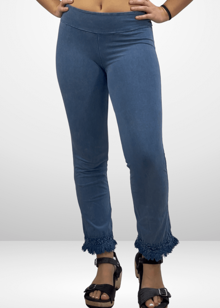 USA Made Women's Misses Mineral Washed Cotton Cropped Straight Leg Pants Jeggings with Crochet Fringed Hem  | P30374 | Classy Cozy Cool Made in USA Boutique