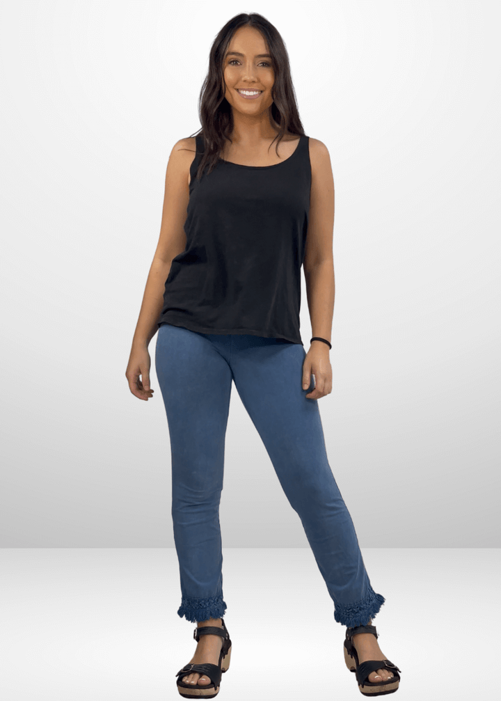 USA Made Women's Misses Mineral Washed Cotton Cropped Straight Leg Pants Jeggings with Crochet Fringed Hem  | P30374 | Classy Cozy Cool Made in USA Boutique