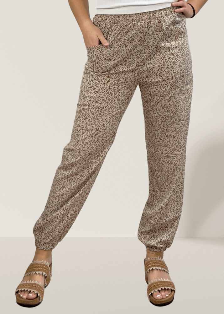 Made in USA Women's Taupe Floral Relaxed Fit Jogger Style Pants | Bucket List Clothing Style# P5074 Dark Green and Gingerbread Floral Accents