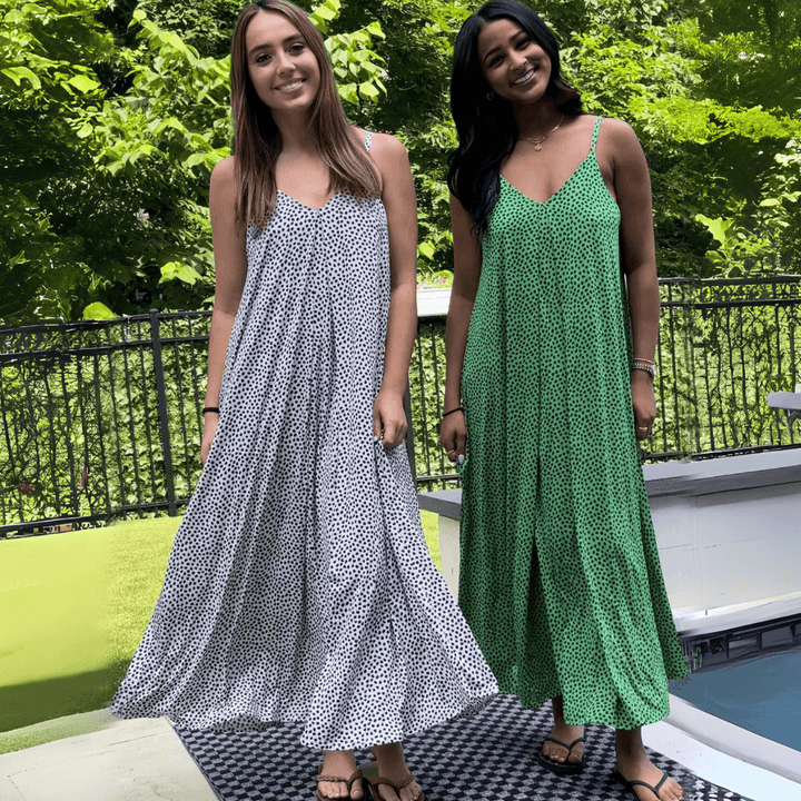 Made in USA Women's Jersey Stretch Double V-Neck 2-Tone Printed Summer Maxi Dress in White/Black | Classy Cozy Cool Made in America Boutique