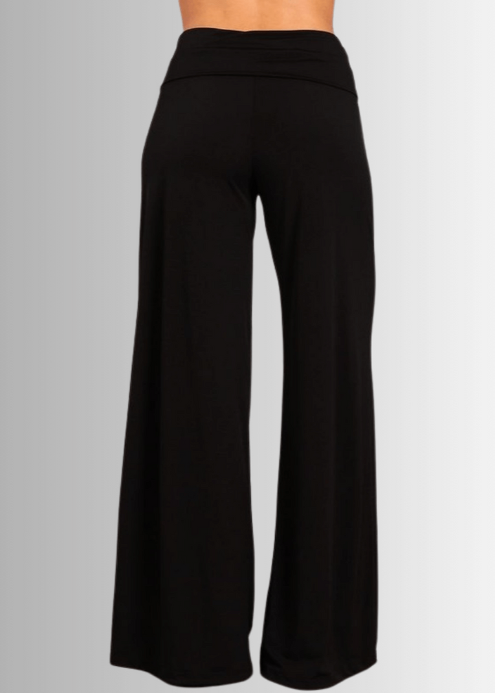Made in USA Women's Black Business Casual Palazzo Pants with Fold Over Waist in Black | Classy Cozy Cool Made in America Boutique