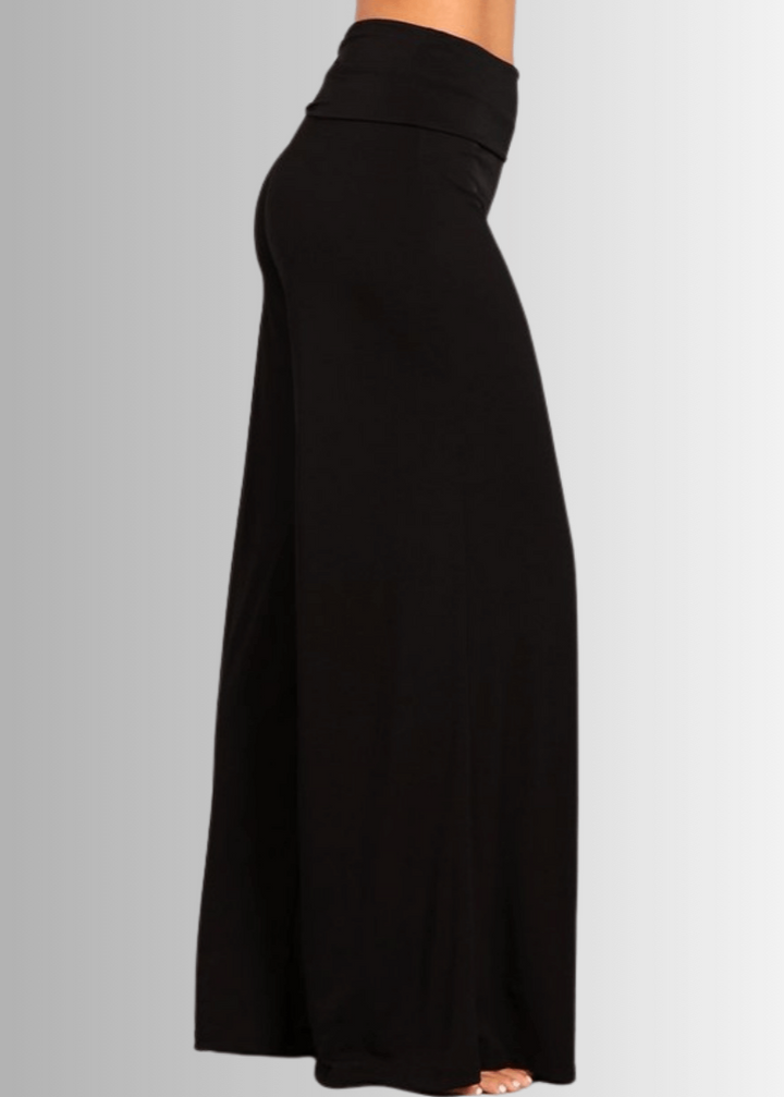 Made in USA Women's Black Business Casual Palazzo Pants with Fold Over Waist in Black | Classy Cozy Cool Made in America Boutique