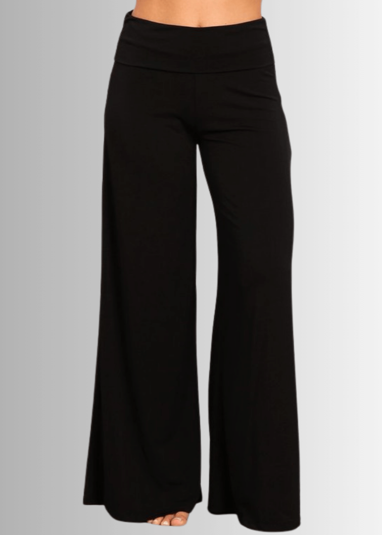 Made in USA Women's Black Business Casual Palazzo Pants with Fold Over Waist in Black | Classy Cozy Cool Made in America Boutique