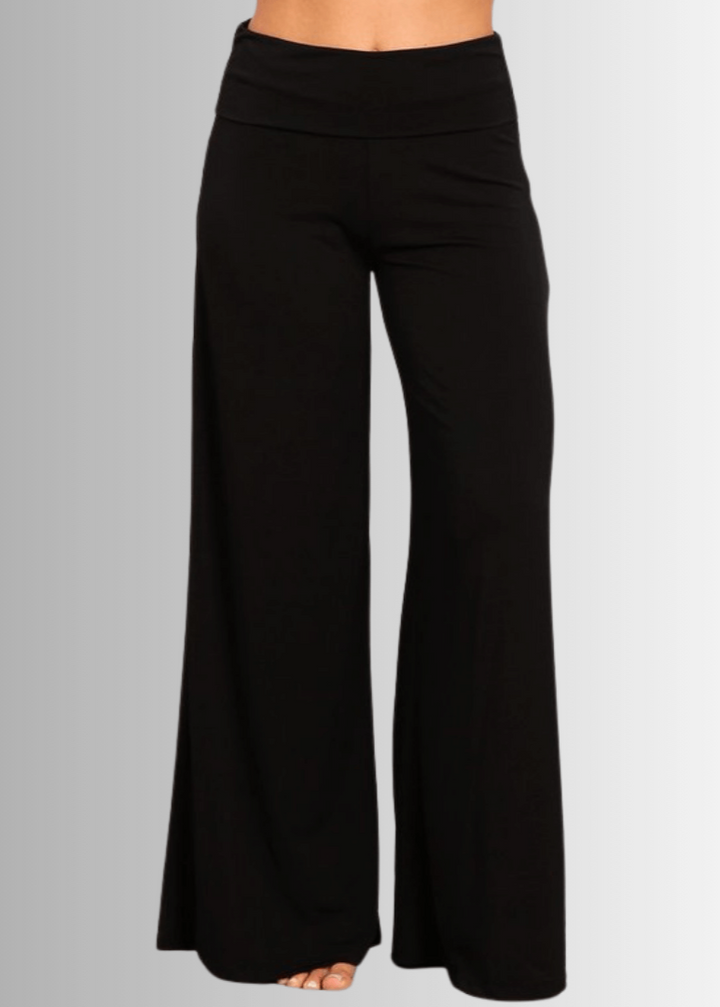 Made in USA Women's Black Business Casual Palazzo Pants with Fold Over Waist in Black | Classy Cozy Cool Made in America Boutique