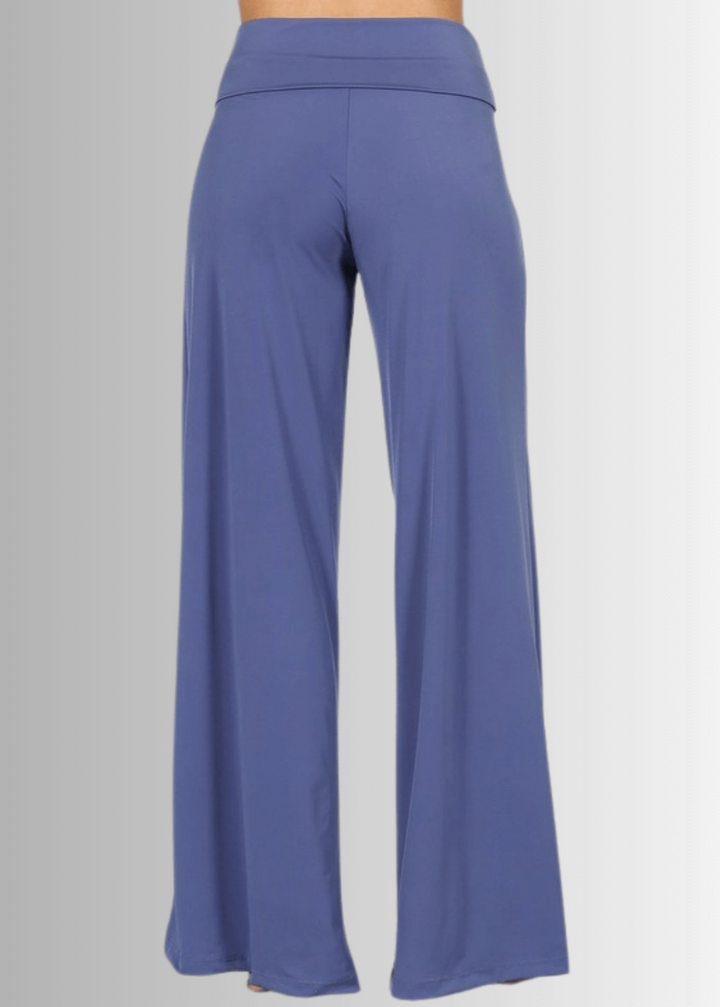 Made in USA Women's Black Business Casual Palazzo Pants with Fold Over Waist in Blue Indigo | Classy Cozy Cool Made in America Boutique