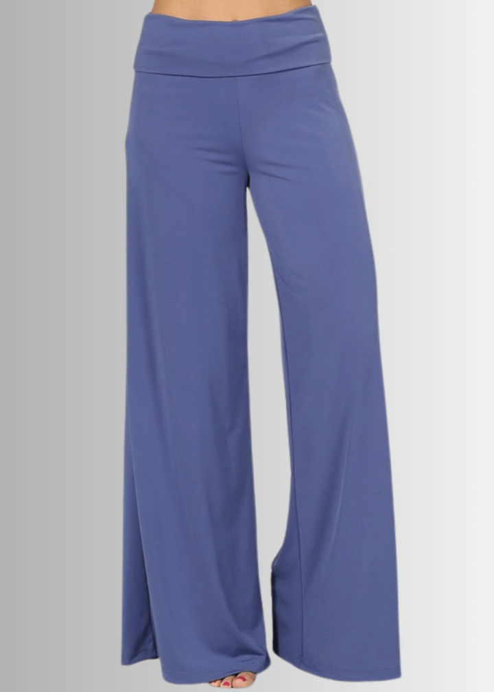 Made in USA Women's Black Business Casual Palazzo Pants with Fold Over Waist in Blue Indigo | Classy Cozy Cool Made in America Boutique