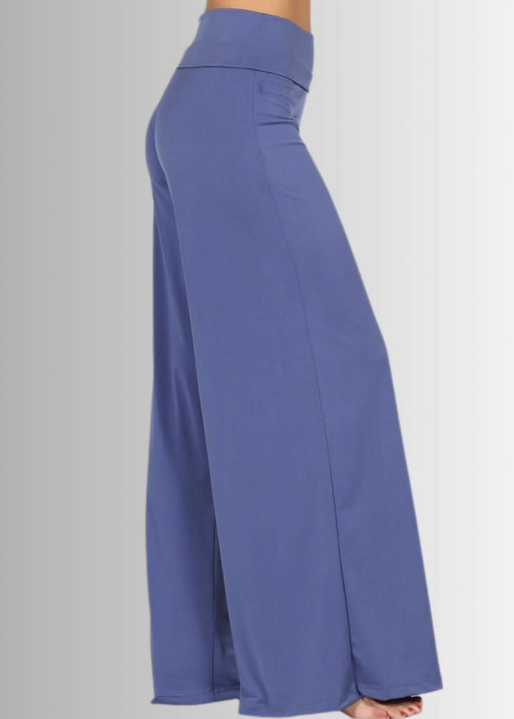 Made in USA Women's Black Business Casual Palazzo Pants with Fold Over Waist in Blue Indigo | Classy Cozy Cool Made in America Boutique