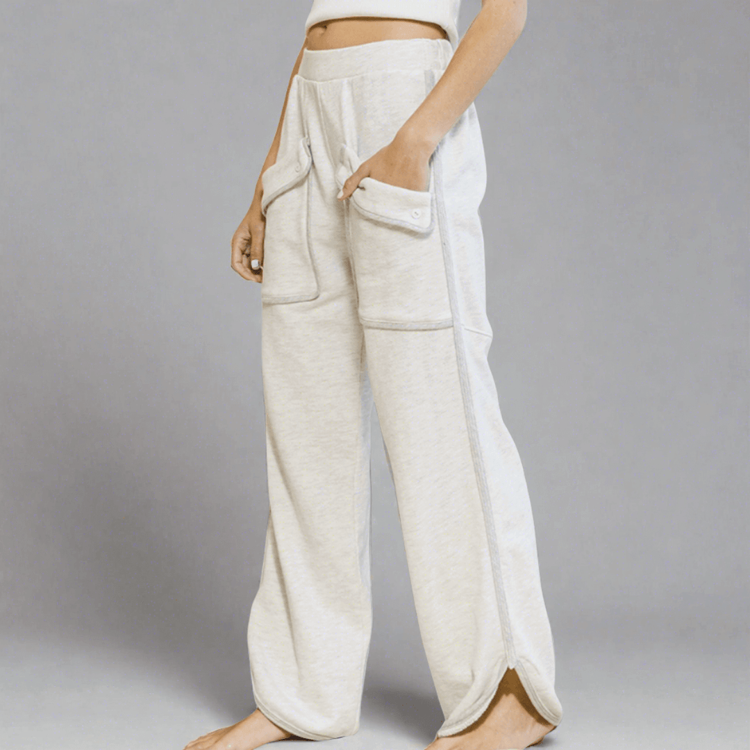 Bucket List Fashion Clothing Style# P5420 | Women's  Patch Pocket Wide Leg Sweat Pants Made in USA in Heather Grey | Classy Cozy Cool Made in America Boutique