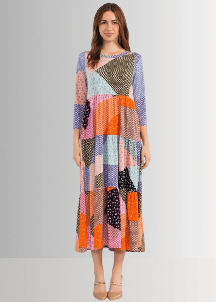 Made in USA Women's Colorful Patch Print Maxi Dress, 3/4 Sleeves, Round Neckline, Side Pockets, Material is Stretchy | Classy Cozy Cool Made in America Boutique