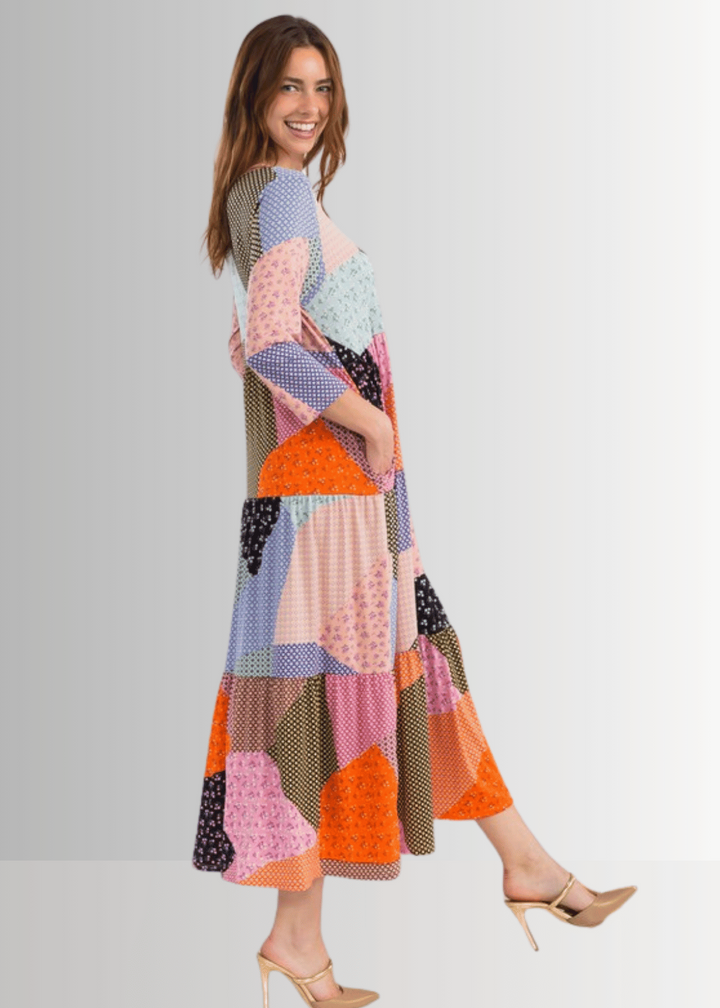 Made in USA Women's Colorful Patch Print Maxi Dress, 3/4 Sleeves, Round Neckline, Side Pockets, Material is Stretchy | Classy Cozy Cool Made in America Boutique