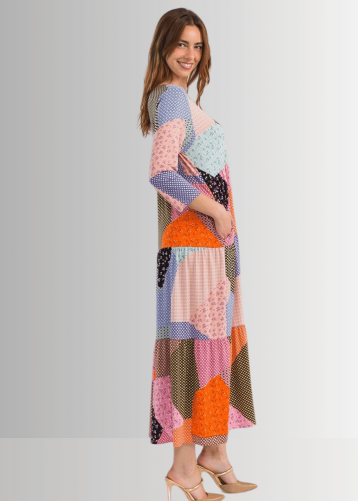 Made in USA Women's Colorful Patch Print Maxi Dress, 3/4 Sleeves, Round Neckline, Side Pockets, Material is Stretchy | Classy Cozy Cool Made in America Boutique