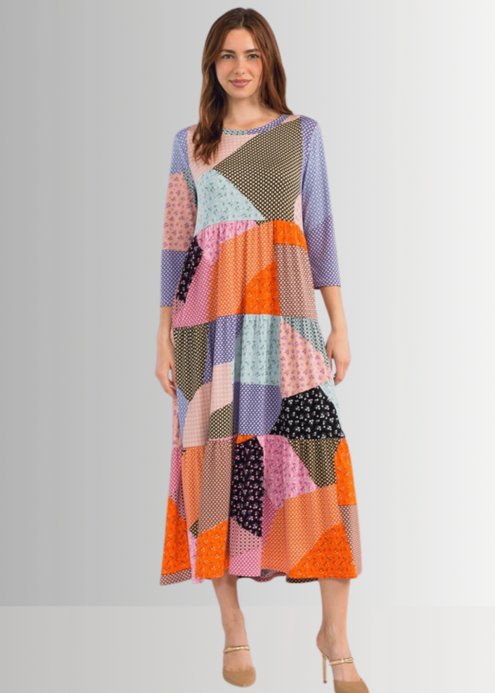 Made in USA Women's Colorful Patch Print Maxi Dress, 3/4 Sleeves, Round Neckline, Side Pockets, Material is Stretchy | Classy Cozy Cool Made in America Boutique
